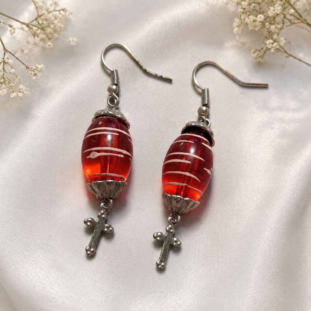 Red Glass Bead Cross Dangle Earrings, Silver Tone, Christian Faith Jewelry